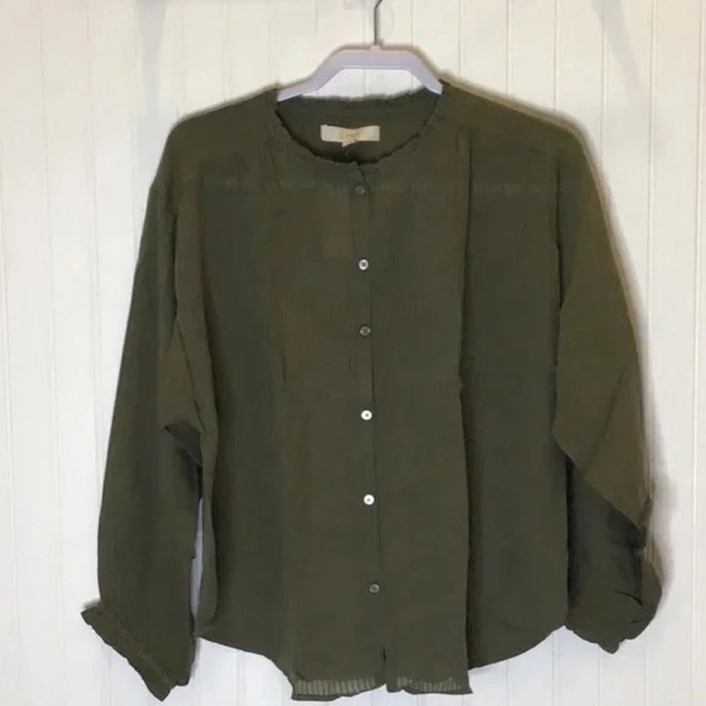 Loft | Olive Green Ruffle Blouse Size Large - Picture 4 of 7